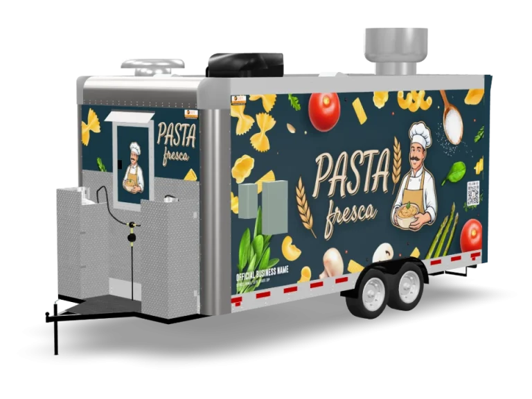 Pasta Food Trailer with custom wrap, rear view, Golden State Trailers