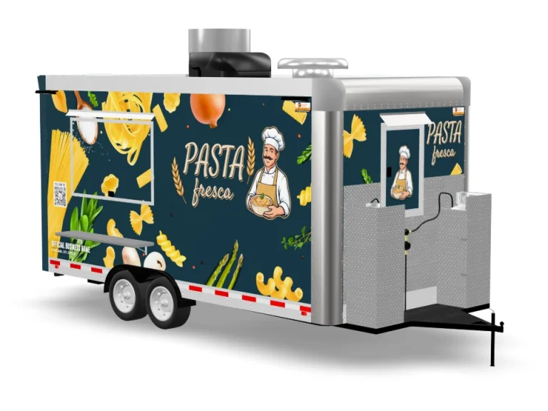 Pasta Food Trailer with custom wrap on white background