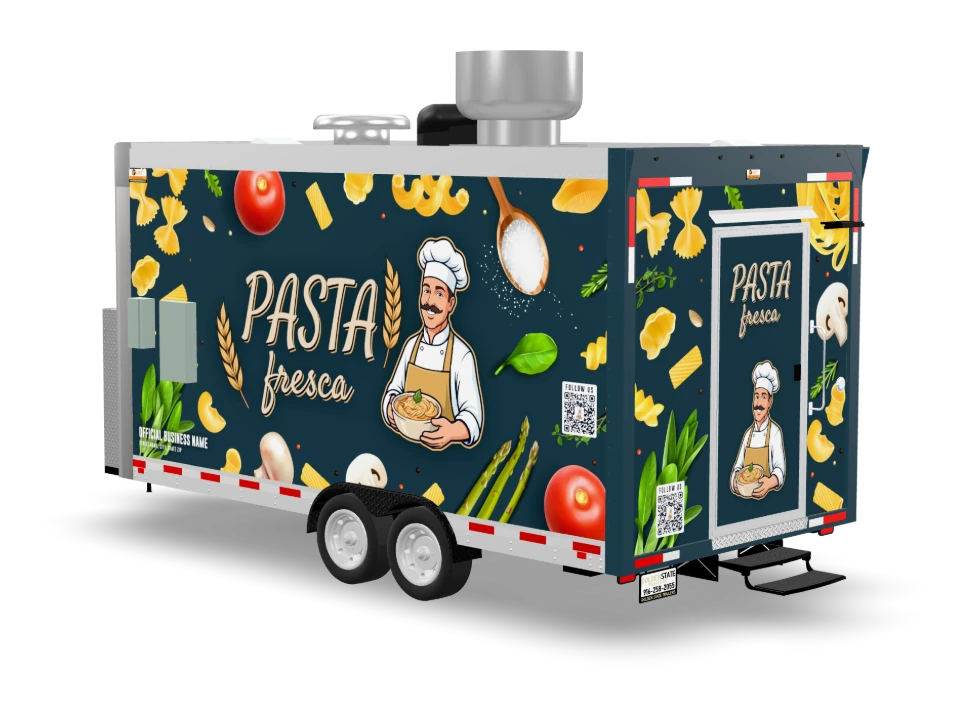 Pasta Food Trailer with custom wrap, front view, Golden State Trailers