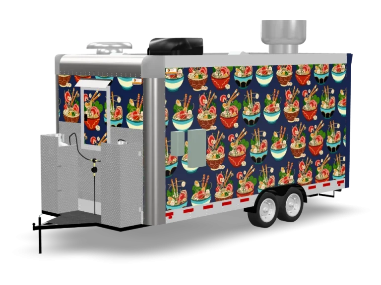 Pho Soup Food Trailer with custom wrap, rear view, Golden State Trailers