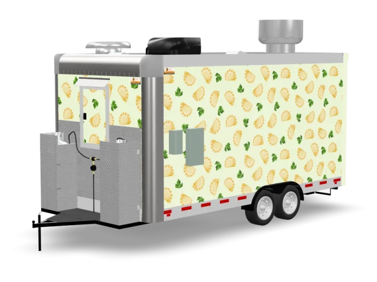 Pierogi Food Trailer with custom wrap, rear view, Golden State Trailers