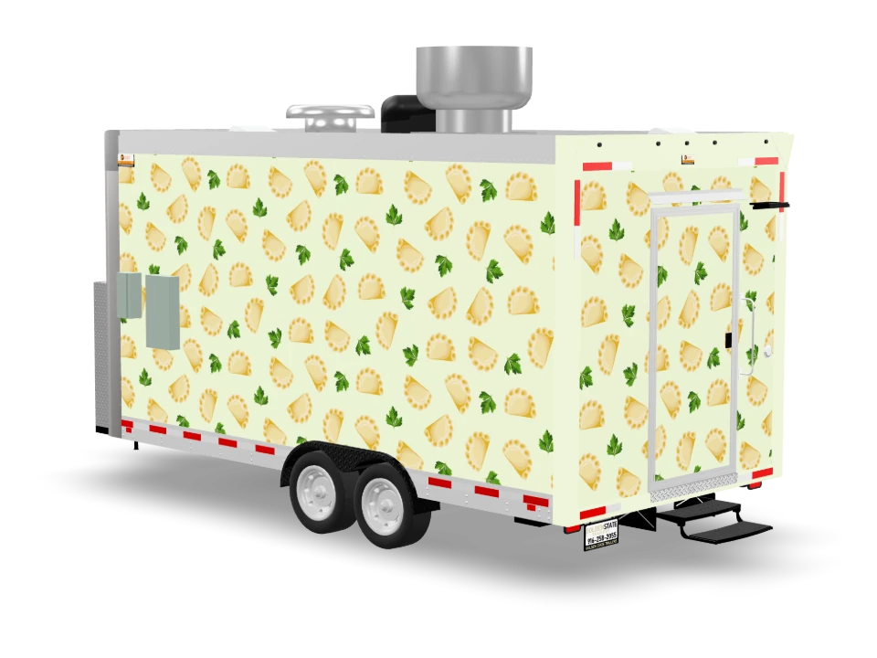 Pierogi Food Trailer with custom wrap, front view, Golden State Trailers