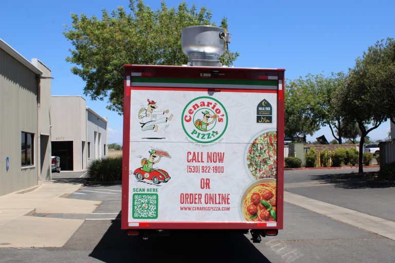 pizza food trailer rear view with custom wrap graphics and commercial trailer lighting