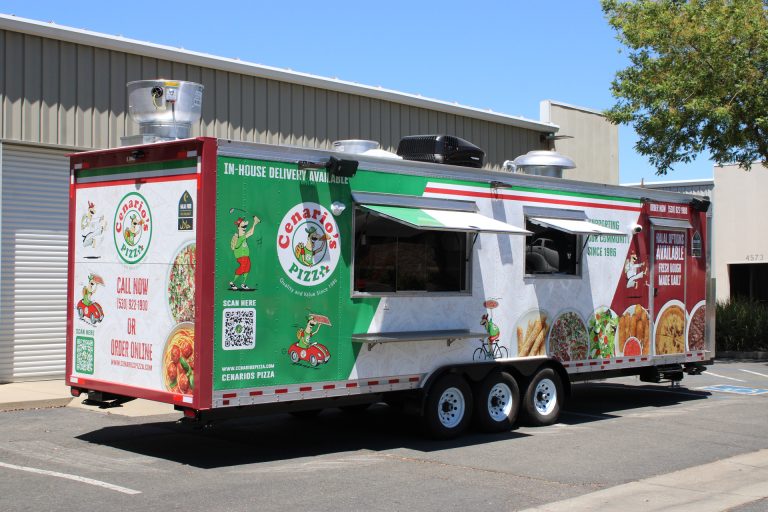 custom pizza trailer with dual service windows, exterior shelf, wrap, and rooftop equipment