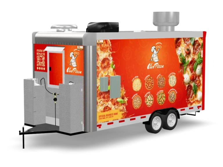 Pizza Food Trailer with custom wrap, rear view, Golden State Trailers