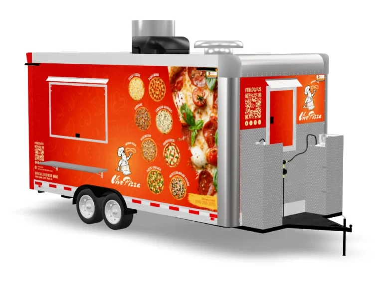 Pizza Food Trailer with custom wrap on white background