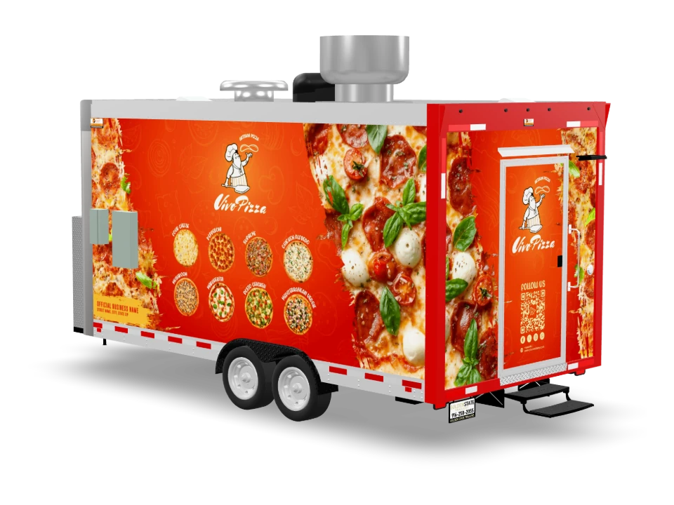 Pizza Food Trailer with custom wrap, front view, Golden State Trailers