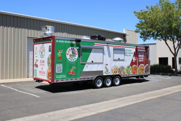 custom pizza food trailer side view with service windows, branded wrap, ventilation equipment, and triple axles