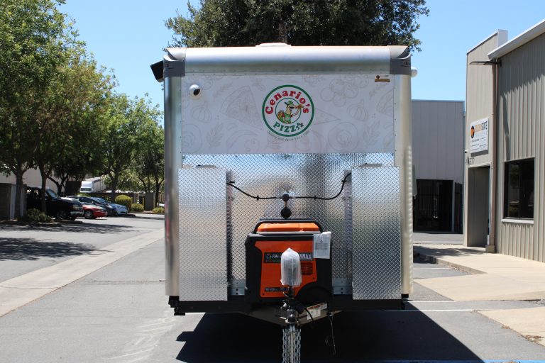 commercial pizza food trailer rear exterior with custom wrap, lighting, and rear-mounted equipment