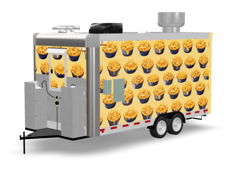 Poutine Food Trailer with custom wrap, rear view, Golden State Trailers