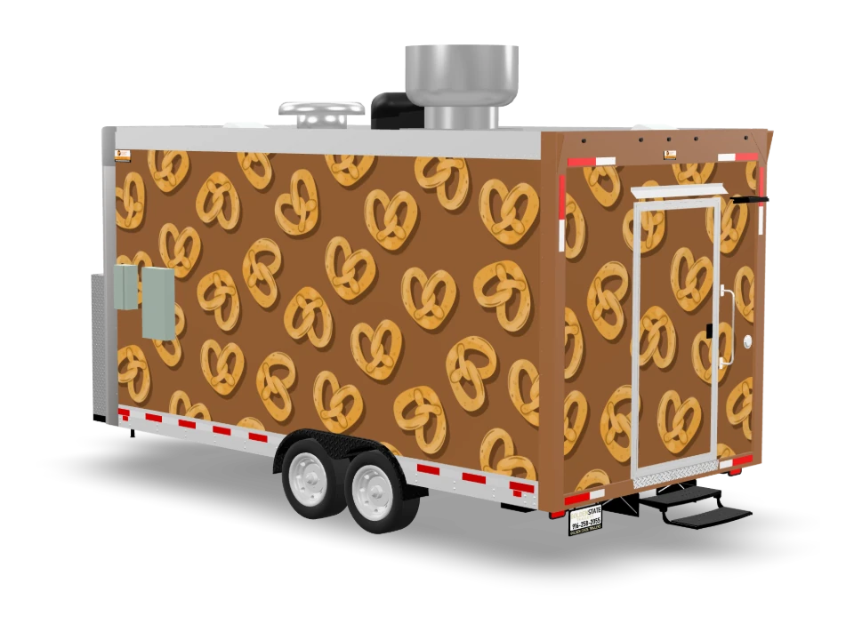Pretzel Food Trailer with custom wrap, front view, Golden State Trailers