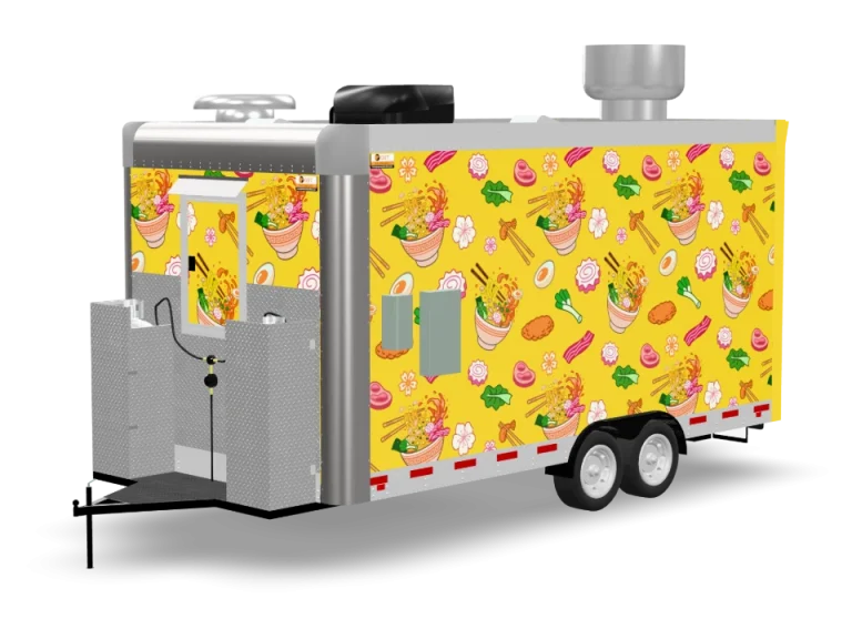 Ramen Food Trailer with custom wrap, rear view, Golden State Trailers