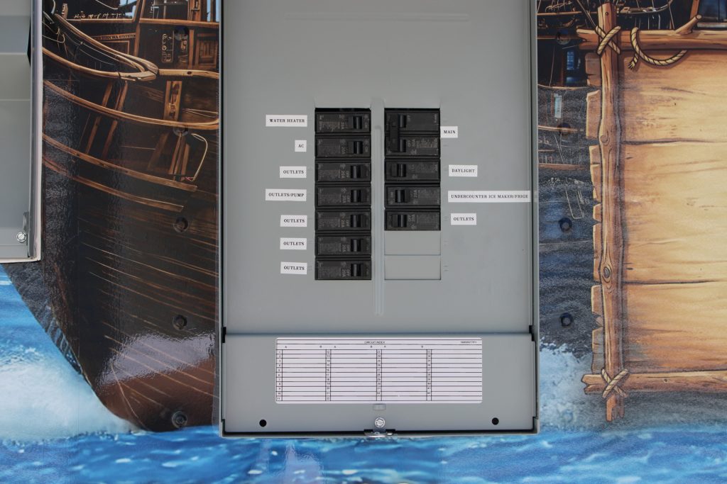 Electrical distribution panel inside the Reef-Sunset 18-ft school food trailer