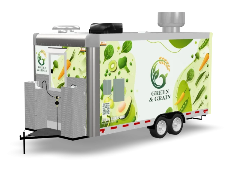 Salad Food Trailer with custom wrap, rear view, Golden State Trailers