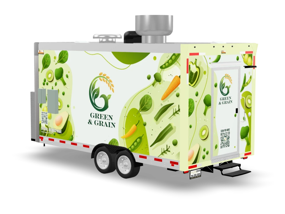 Salad Food Trailer with custom wrap, front view, Golden State Trailers