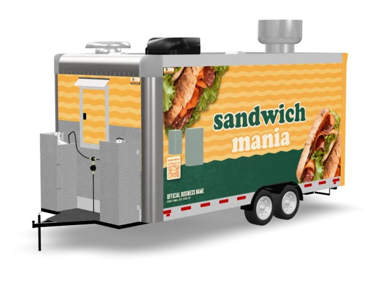 Sandwich Food Trailer with custom wrap, rear view, Golden State Trailers