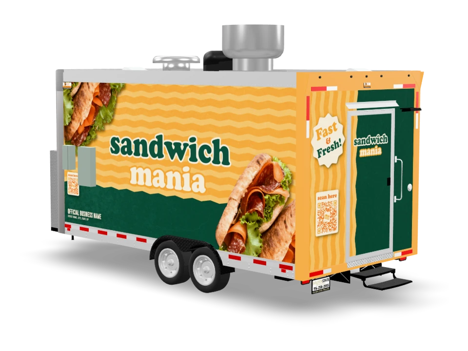 Sandwich Food Trailer with custom wrap, front view, Golden State Trailers