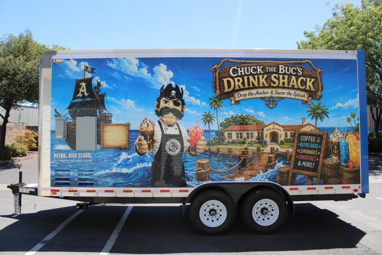 Side profile of the completed Avenal High School 18-ft school food trailer