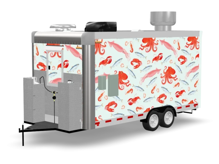 Seafood Food Trailer with custom wrap, rear view, Golden State Trailers