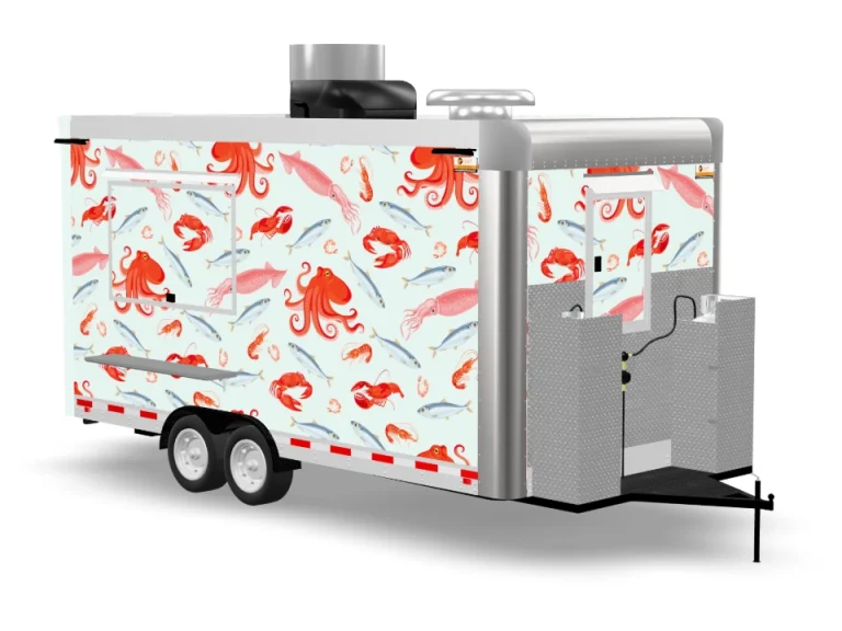 Seafood Food Trailer with custom wrap on white background