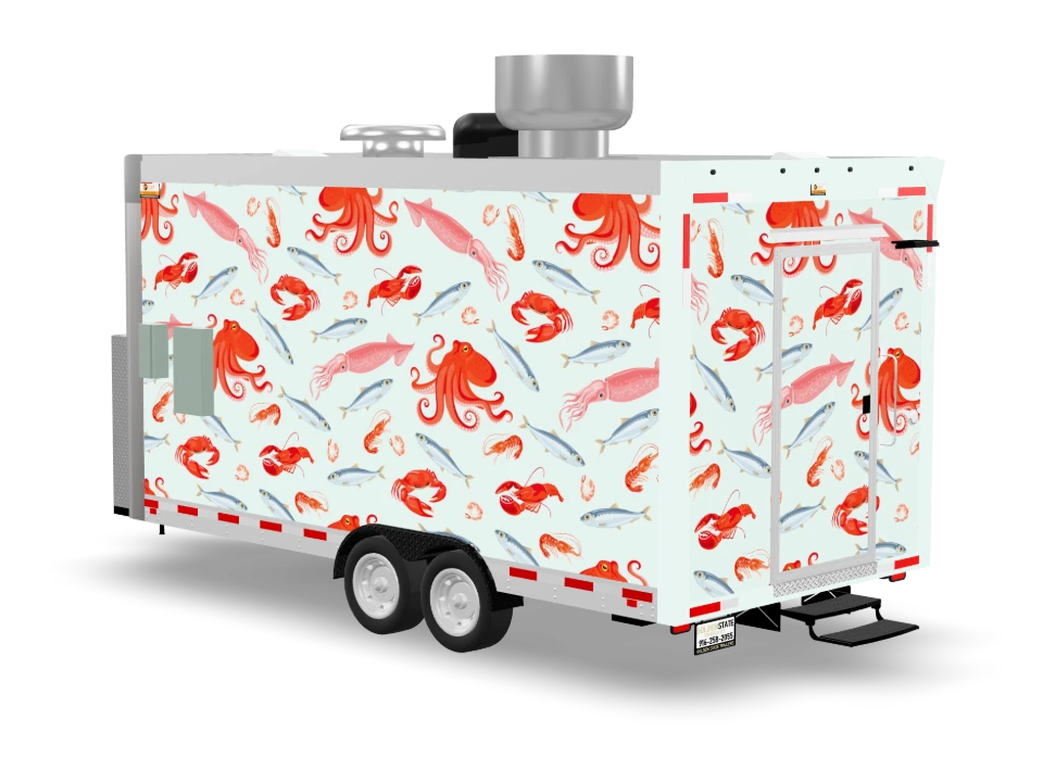Seafood Food Trailer with custom wrap, front view, Golden State Trailers