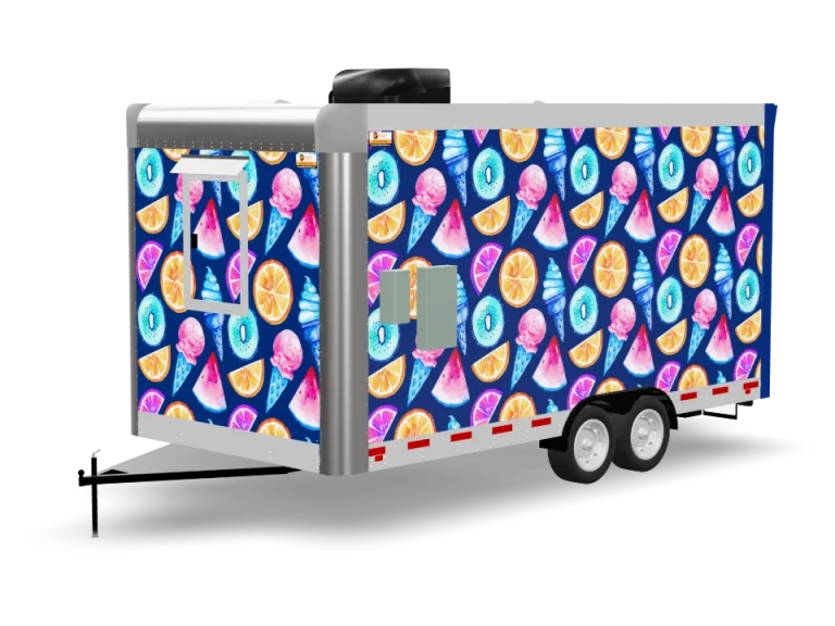Shaved Ice Food Trailer with custom wrap, rear view, Golden State Trailers