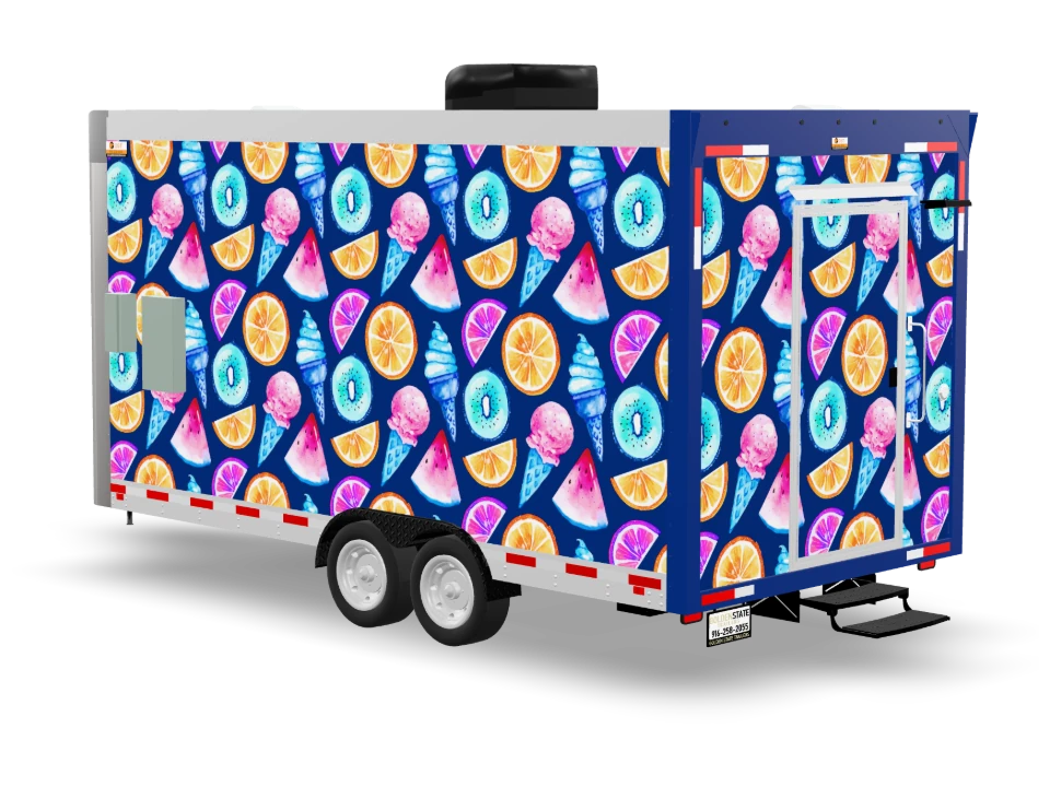 Shaved Ice Food Trailer with custom wrap, front view, Golden State Trailers