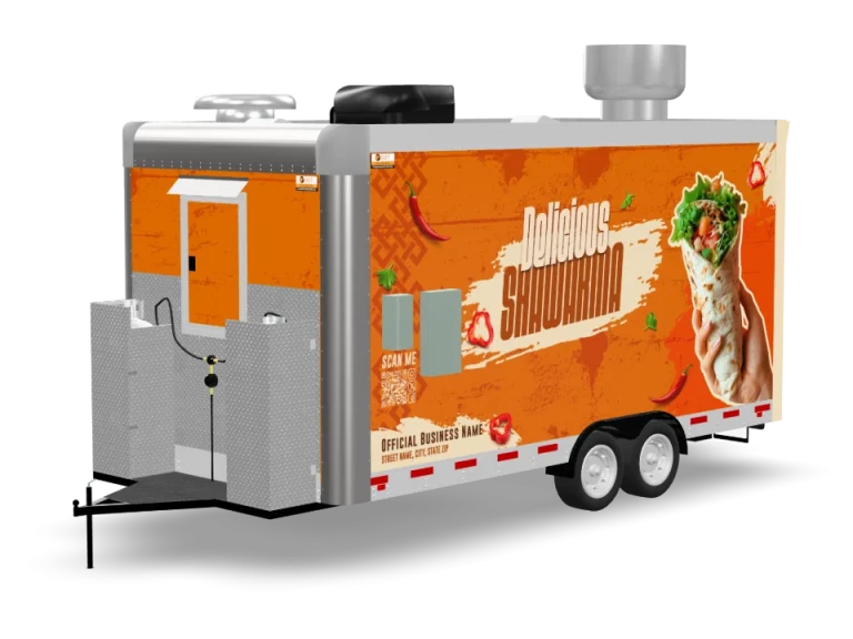 Shawarma Food Trailer with custom wrap, rear view, Golden State Trailers