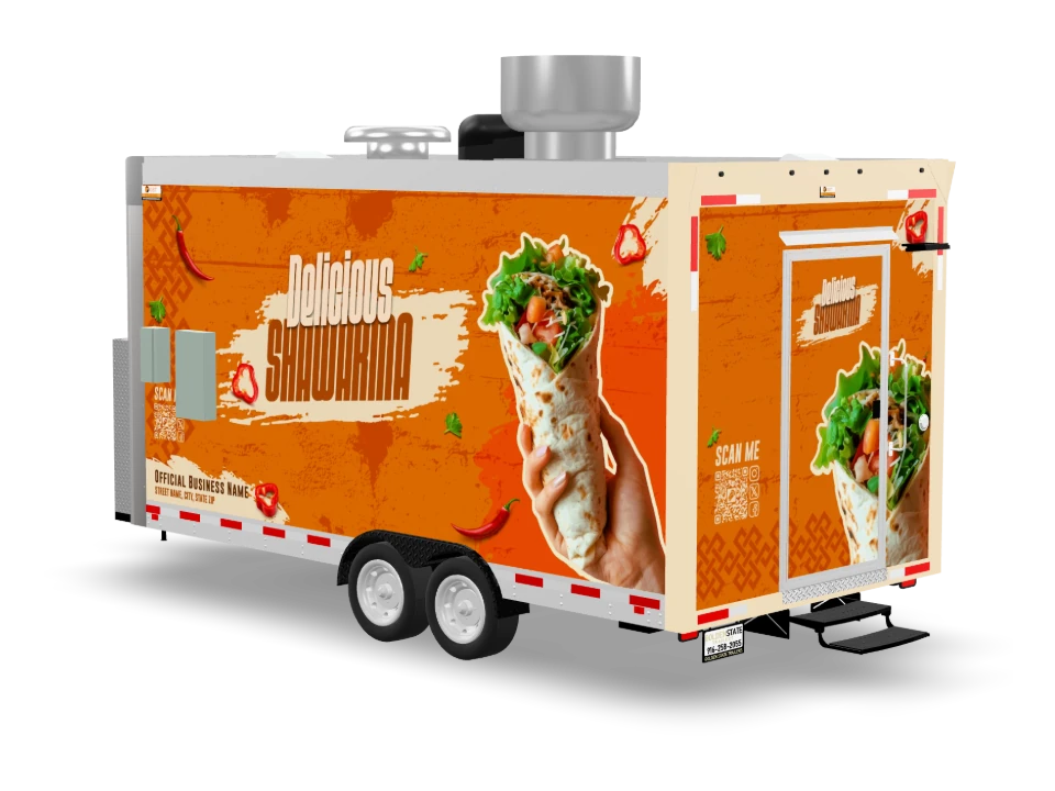 Shawarma Food Trailer with custom wrap, front view, Golden State Trailers