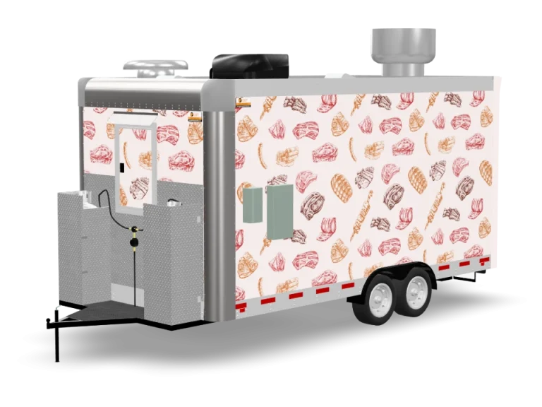 Smoked Meats Food Trailer with custom wrap, rear view, Golden State Trailers