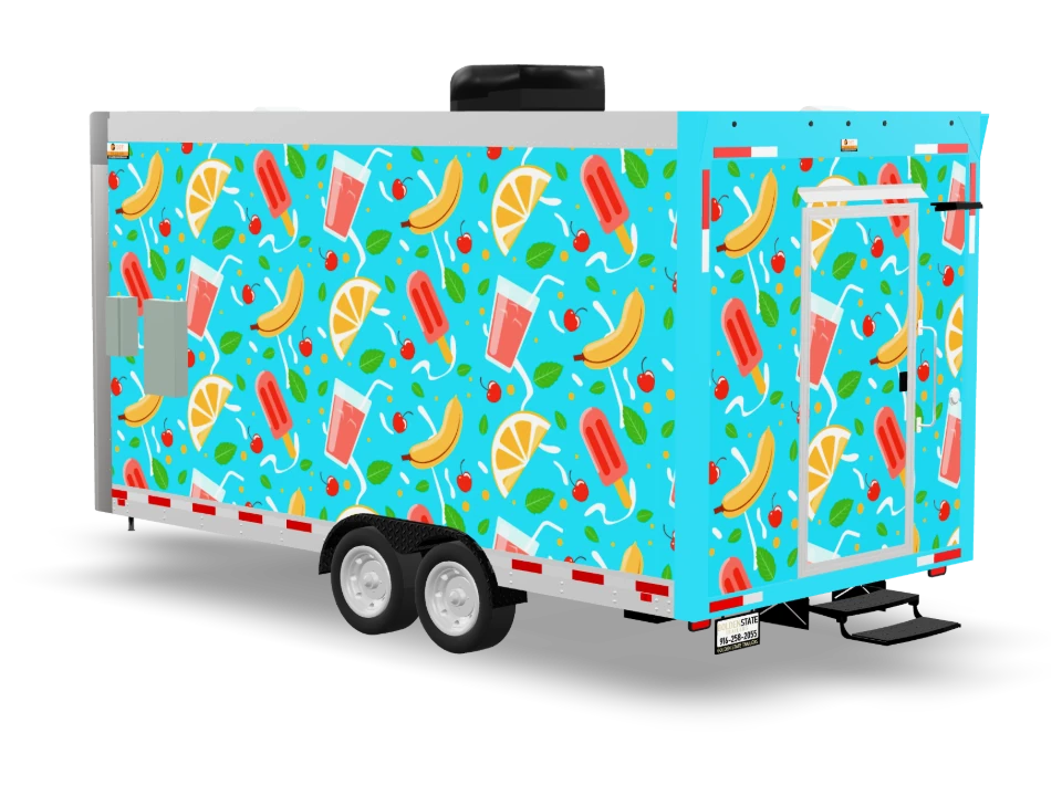 Smoothie Food Trailer with custom wrap, front view, Golden State Trailers
