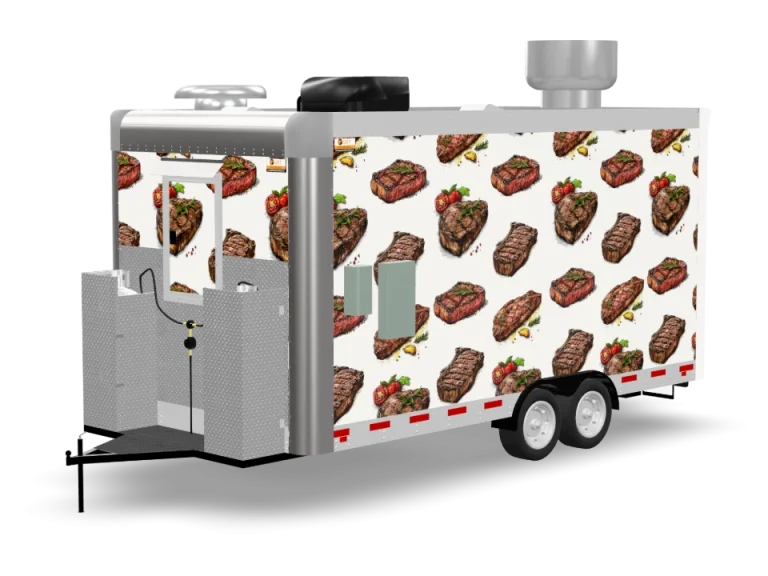Steak Food Trailer with custom wrap, rear view, Golden State Trailers