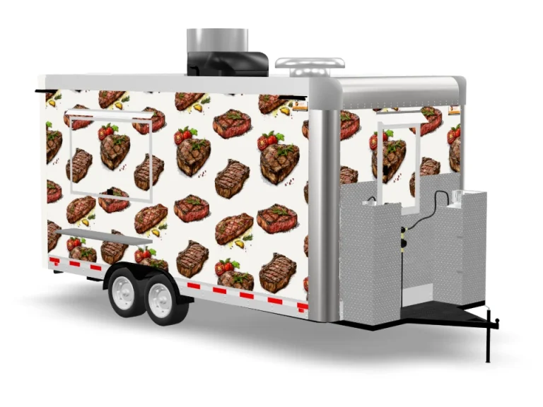 Steak Food Trailer with custom wrap on white background