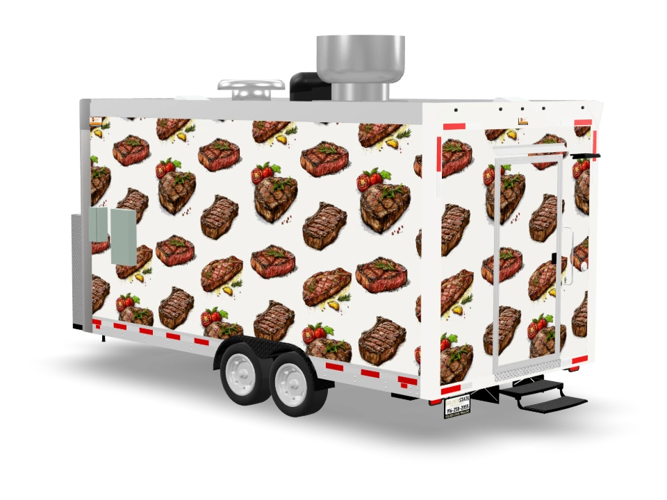Steak Food Trailer with custom wrap, front view, Golden State Trailers