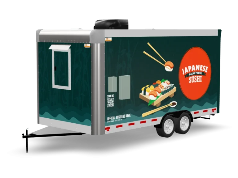Sushi Food Trailer with custom wrap, rear view, Golden State Trailers