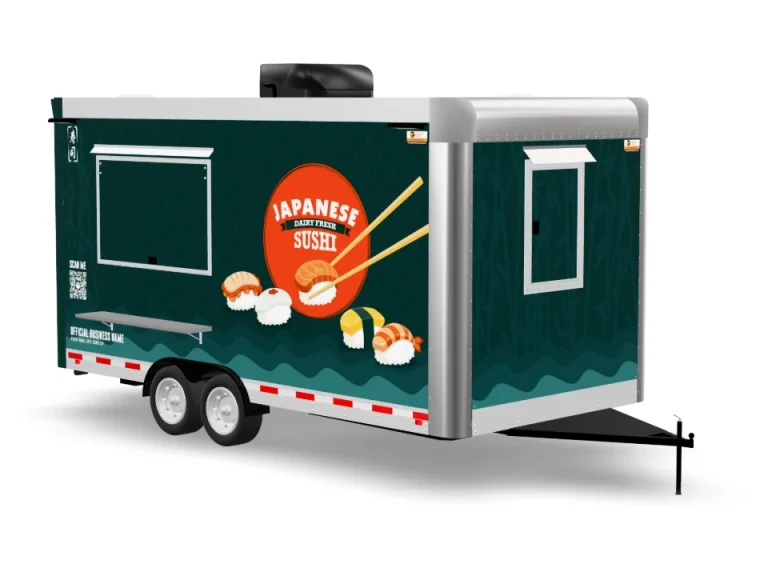 Sushi Food Trailer with custom wrap on white background