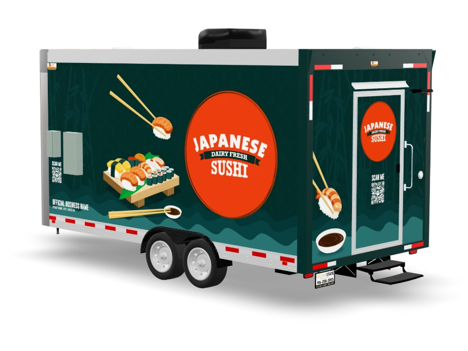 Sushi Food Trailer with custom wrap, front view, Golden State Trailers
