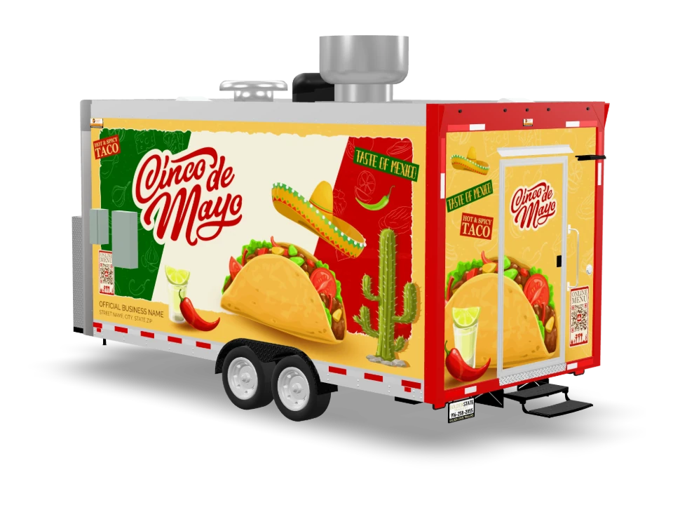 Taco Food Trailer with custom wrap, front view, Golden State Trailers