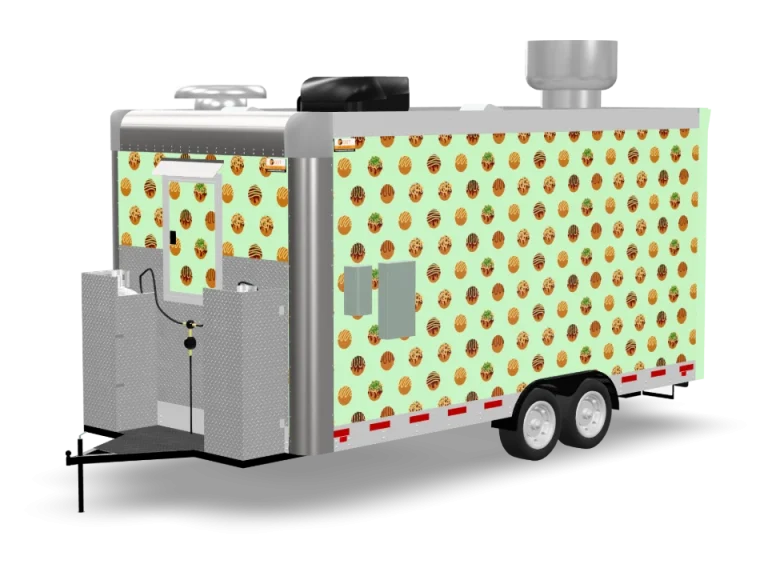 Takoyaki Food Trailer with custom wrap, rear view, Golden State Trailers