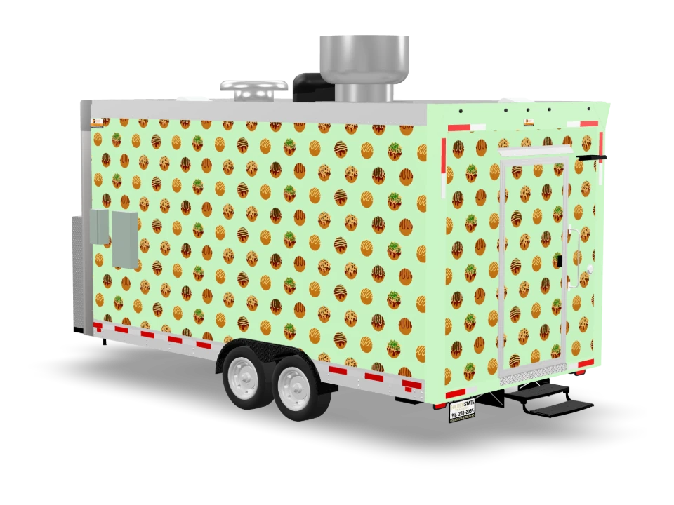 Takoyaki Food Trailer with custom wrap, front view, Golden State Trailers