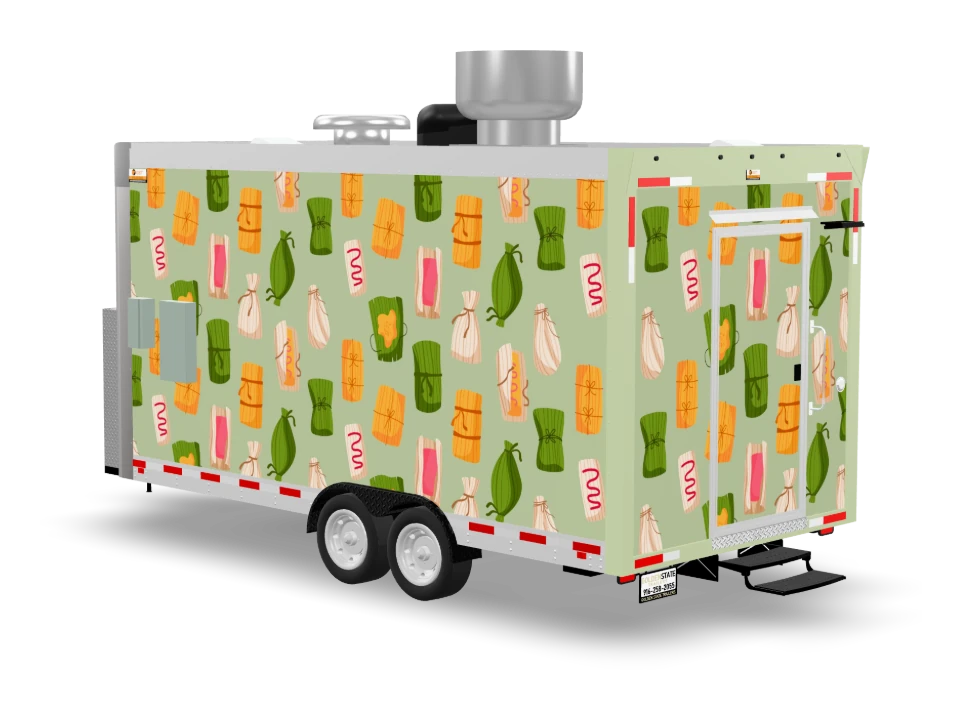 Tamale Food Trailer with custom wrap, front view, Golden State Trailers