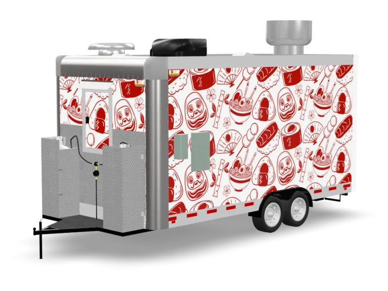 Teriyaki Food Trailer with custom wrap, rear view, Golden State Trailers