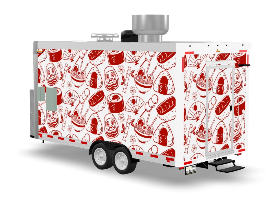 Teriyaki Food Trailer with custom wrap, front view, Golden State Trailers