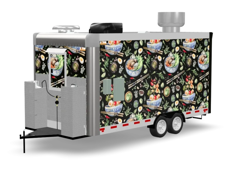 Thai Food Trailer with custom wrap, rear view, Golden State Trailers