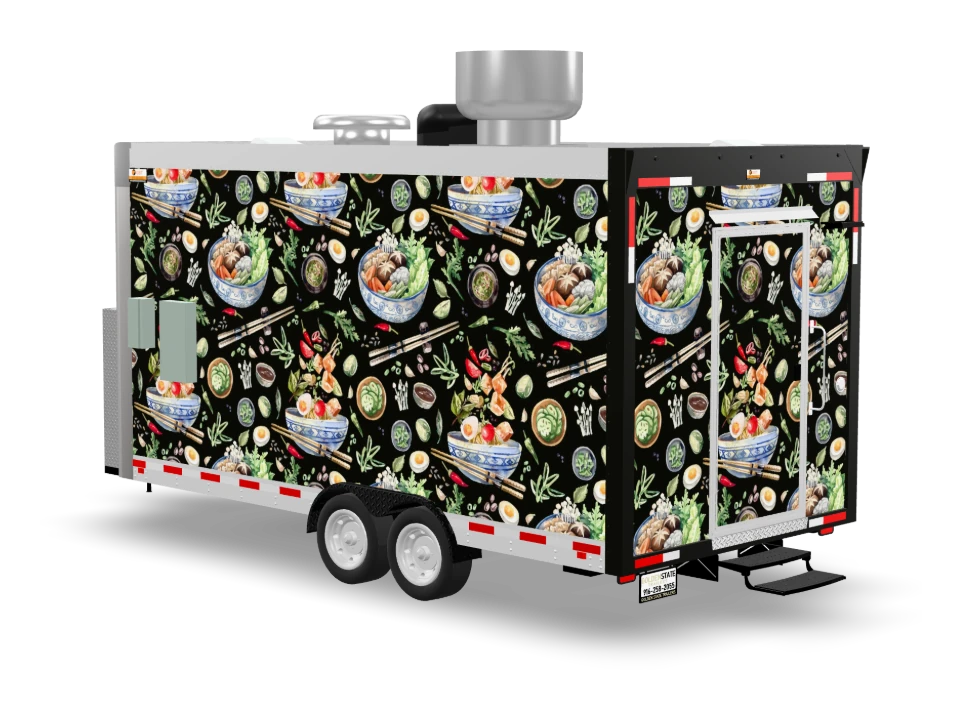 Thai Food Trailer with custom wrap, front view, Golden State Trailers