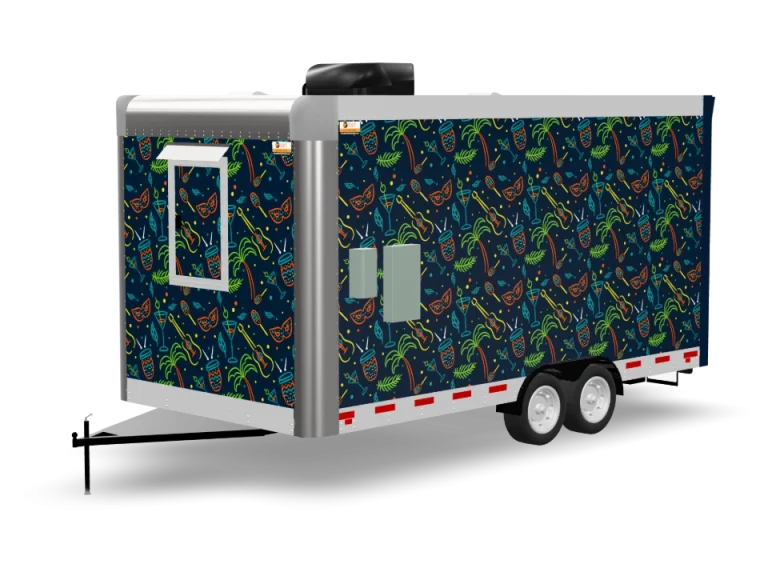 Tiki Bar Food Trailer with custom wrap, rear view, Golden State Trailers