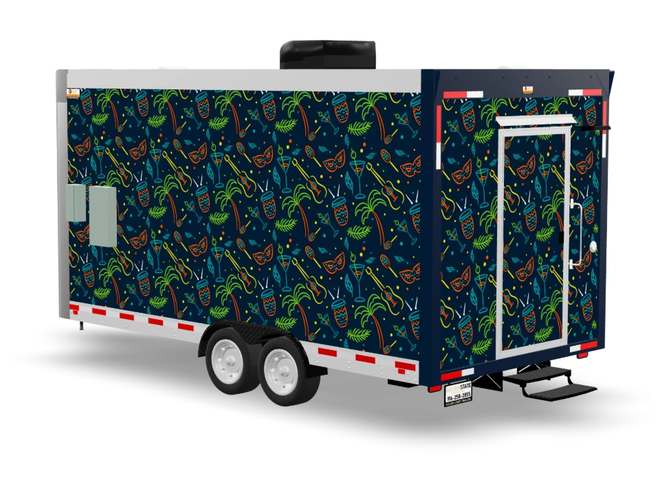 Tiki Bar Food Trailer with custom wrap, front view, Golden State Trailers
