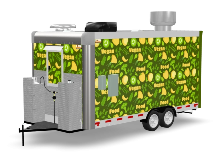 Vegan Food Trailer with custom wrap, rear view, Golden State Trailers