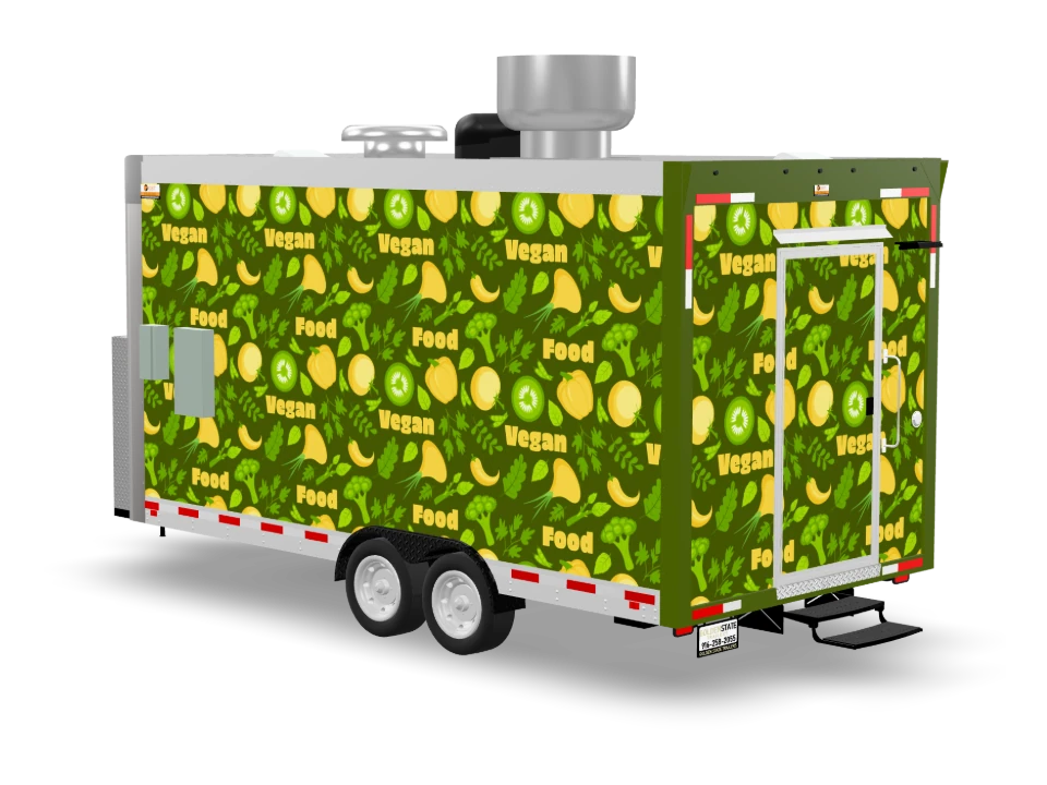 Vegan Food Trailer with custom wrap, front view, Golden State Trailers