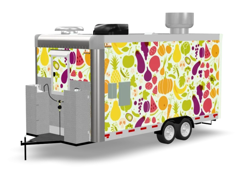 Vegetarian Food Trailer with custom wrap, rear view, Golden State Trailers